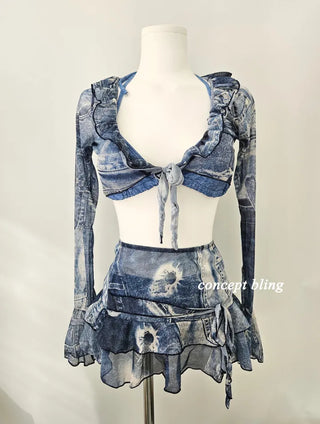 Denim Print Piece Bikini Body Covering Belly Covering Frill Halter Neck Blue Swimsuit