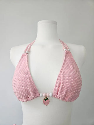 Sexy Cute Strawberry Beaded Point Bikini Pink White