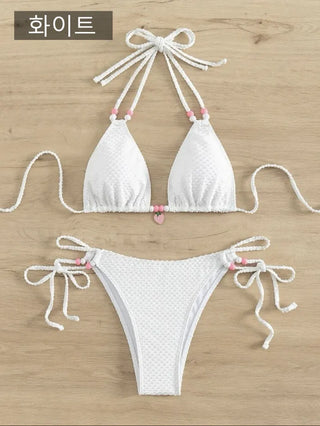 Sexy Cute Strawberry Beaded Point Bikini Pink White