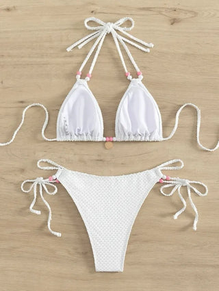 Sexy Cute Strawberry Beaded Point Bikini Pink White