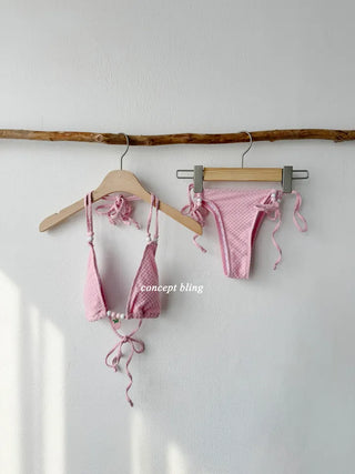 Sexy Cute Strawberry Beaded Point Bikini Pink White