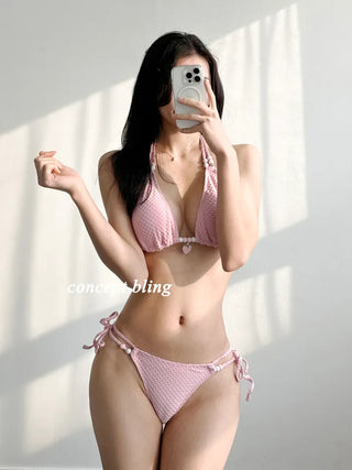 Sexy Cute Strawberry Beaded Point Bikini Pink White