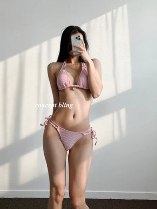 Sexy Cute Strawberry Beaded Point Bikini Pink White