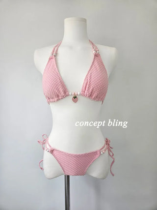 Sexy Cute Strawberry Beaded Point Bikini Pink White