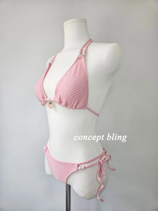 Sexy Cute Strawberry Beaded Point Bikini Pink White