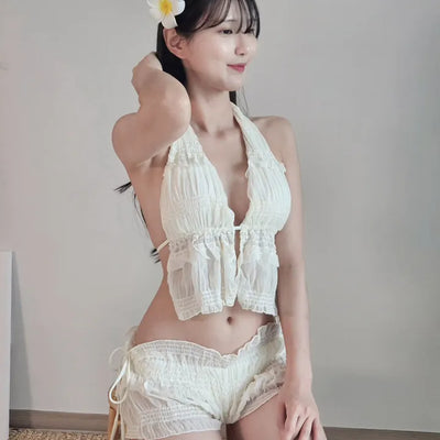 Sexy bikini swimsuit set with chiffon frill halter neck and piece pants