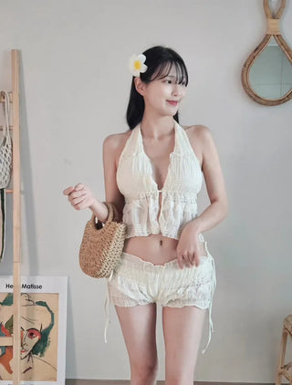 Sexy bikini swimsuit set with chiffon frill halter neck and piece pants