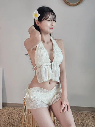 Sexy bikini swimsuit set with chiffon frill halter neck and piece pants