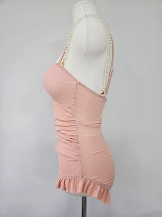 Pink monokini one-piece swimsuit with heart pearl jewel string frill shirring belly cover flab cover resort vacation