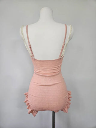 Pink monokini one-piece swimsuit with heart pearl jewel string frill shirring belly cover flab cover resort vacation