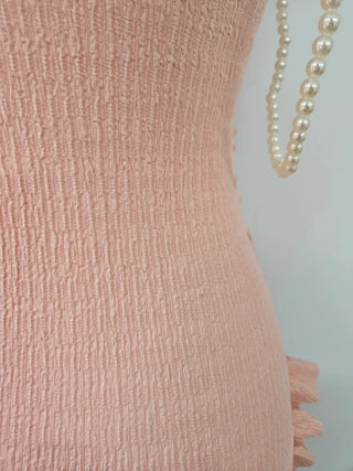 Pink monokini one-piece swimsuit with heart pearl jewel string frill shirring belly cover flab cover resort vacation