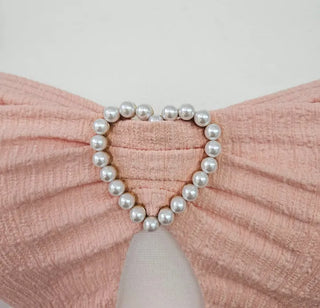 Pink monokini one-piece swimsuit with heart pearl jewel string frill shirring belly cover flab cover resort vacation