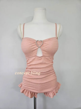Pink monokini one-piece swimsuit with heart pearl jewel string frill shirring belly cover flab cover resort vacation