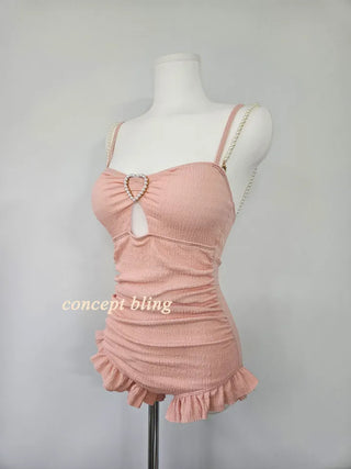 Pink monokini one-piece swimsuit with heart pearl jewel string frill shirring belly cover flab cover resort vacation