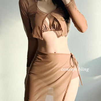 Brown piece cardigan skirt belly cover body cover bikini swimsuit vacation resort