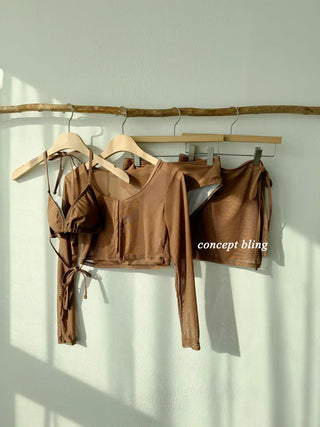 Brown piece cardigan skirt belly cover body cover bikini swimsuit vacation resort