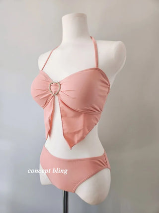 Pink Bikini Three-Piece 3pcs Piece Heart Cubic Frill Halter Neck Strawberry Milk Swimsuit Skirt Included Belly Cover