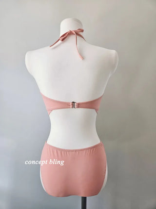 Pink Bikini Three-Piece 3pcs Piece Heart Cubic Frill Halter Neck Strawberry Milk Swimsuit Skirt Included Belly Cover