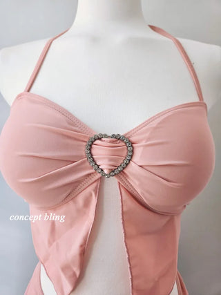 Pink Bikini Three-Piece 3pcs Piece Heart Cubic Frill Halter Neck Strawberry Milk Swimsuit Skirt Included Belly Cover