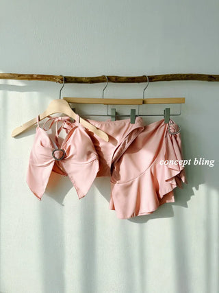 Pink Bikini Three-Piece 3pcs Piece Heart Cubic Frill Halter Neck Strawberry Milk Swimsuit Skirt Included Belly Cover