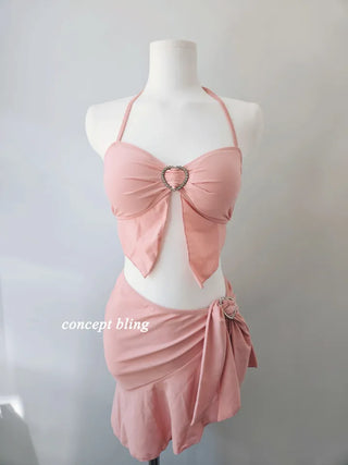 Pink Bikini Three-Piece 3pcs Piece Heart Cubic Frill Halter Neck Strawberry Milk Swimsuit Skirt Included Belly Cover