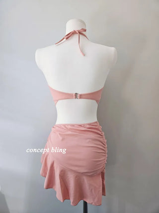 Pink Bikini Three-Piece 3pcs Piece Heart Cubic Frill Halter Neck Strawberry Milk Swimsuit Skirt Included Belly Cover