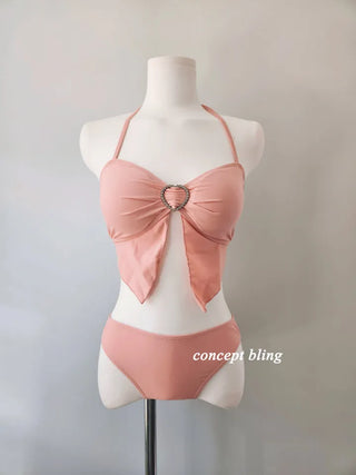 Pink Bikini Three-Piece 3pcs Piece Heart Cubic Frill Halter Neck Strawberry Milk Swimsuit Skirt Included Belly Cover