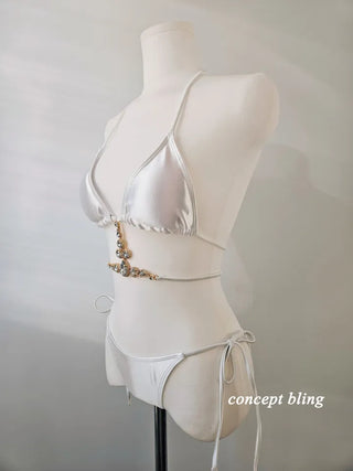 White Bikini Cubic Gem Swimsuit Cover-Up Skirt Included 3 Pieces