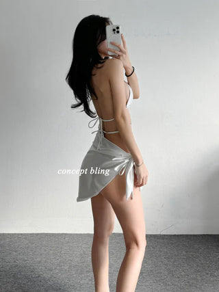 White Bikini Cubic Gem Swimsuit Cover-Up Skirt Included 3 Pieces