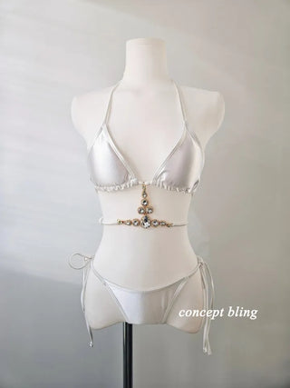 White Bikini Cubic Gem Swimsuit Cover-Up Skirt Included 3 Pieces