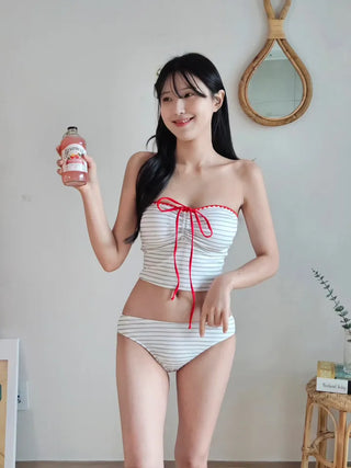 Red Ribbon Stripe Dangara Two-Piece Bikini Cute Swimsuit Set