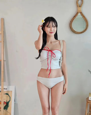 Red Ribbon Stripe Dangara Two-Piece Bikini Cute Swimsuit Set