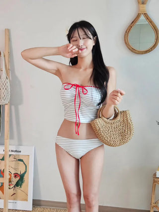 Red Ribbon Stripe Dangara Two-Piece Bikini Cute Swimsuit Set