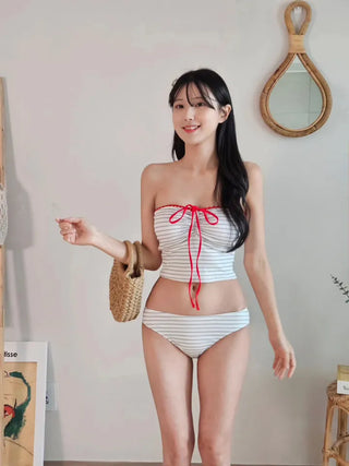 Red Ribbon Stripe Dangara Two-Piece Bikini Cute Swimsuit Set