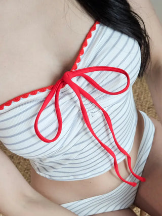 Red Ribbon Stripe Dangara Two-Piece Bikini Cute Swimsuit Set