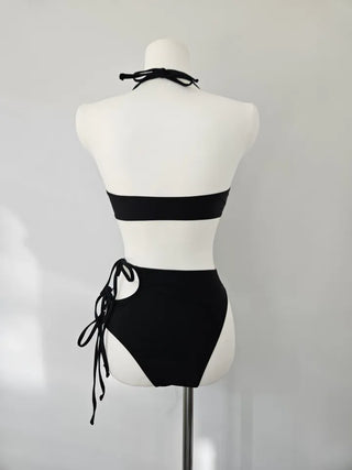 Underboob Buckle Black Bikini String Ribbon Sexy High Leg Halter Neck Swimsuit 2 Piece