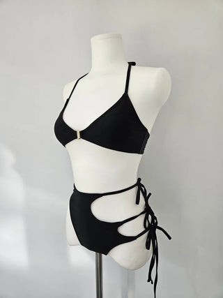 Underboob Buckle Black Bikini String Ribbon Sexy High Leg Halter Neck Swimsuit 2 Piece