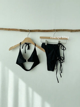 Underboob Buckle Black Bikini String Ribbon Sexy High Leg Halter Neck Swimsuit 2 Piece