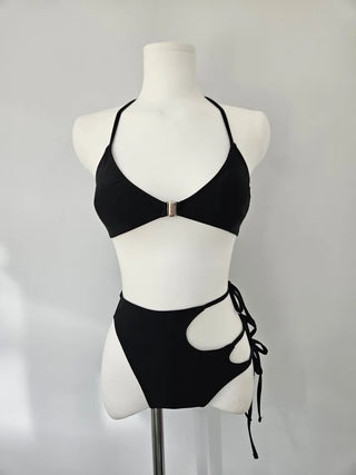 Underboob Buckle Black Bikini String Ribbon Sexy High Leg Halter Neck Swimsuit 2 Piece