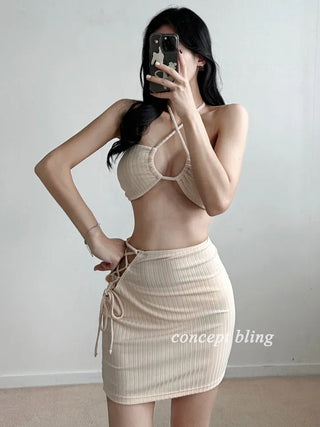 Ivory halterneck strap bikini / piece underbust swimsuit for vacation getaways