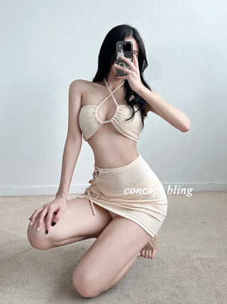 Ivory halterneck strap bikini / piece underbust swimsuit for vacation getaways