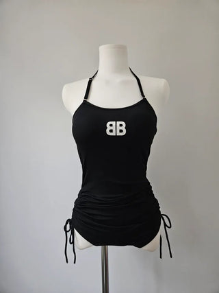 Cardigan Set Buckle Monokini One-Piece Swimsuit / Shirring String Piece Black Ribbed Swimsuit