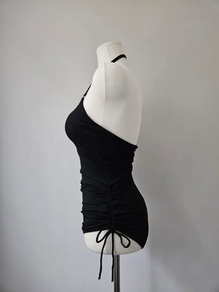 Cardigan Set Buckle Monokini One-Piece Swimsuit / Shirring String Piece Black Ribbed Swimsuit