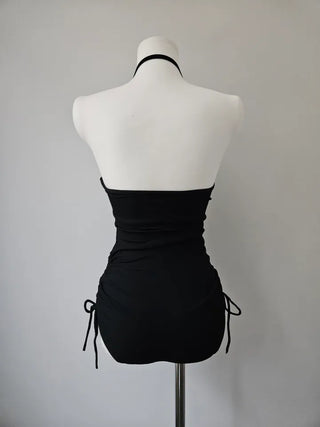 Cardigan Set Buckle Monokini One-Piece Swimsuit / Shirring String Piece Black Ribbed Swimsuit