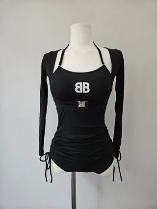Cardigan Set Buckle Monokini One-Piece Swimsuit / Shirring String Piece Black Ribbed Swimsuit