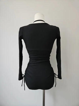 Cardigan Set Buckle Monokini One-Piece Swimsuit / Shirring String Piece Black Ribbed Swimsuit