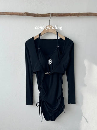 Cardigan Set Buckle Monokini One-Piece Swimsuit / Shirring String Piece Black Ribbed Swimsuit