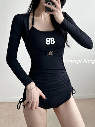 Cardigan Set Buckle Monokini One-Piece Swimsuit / Shirring String Piece Black Ribbed Swimsuit