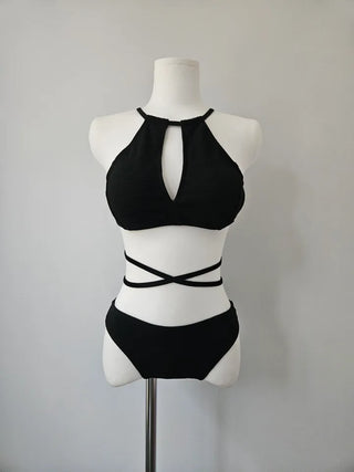 color halter neck strap bikini / X-string black white cross strap bikini swimsuit