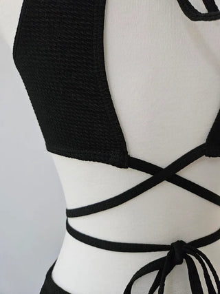 color halter neck strap bikini / X-string black white cross strap bikini swimsuit